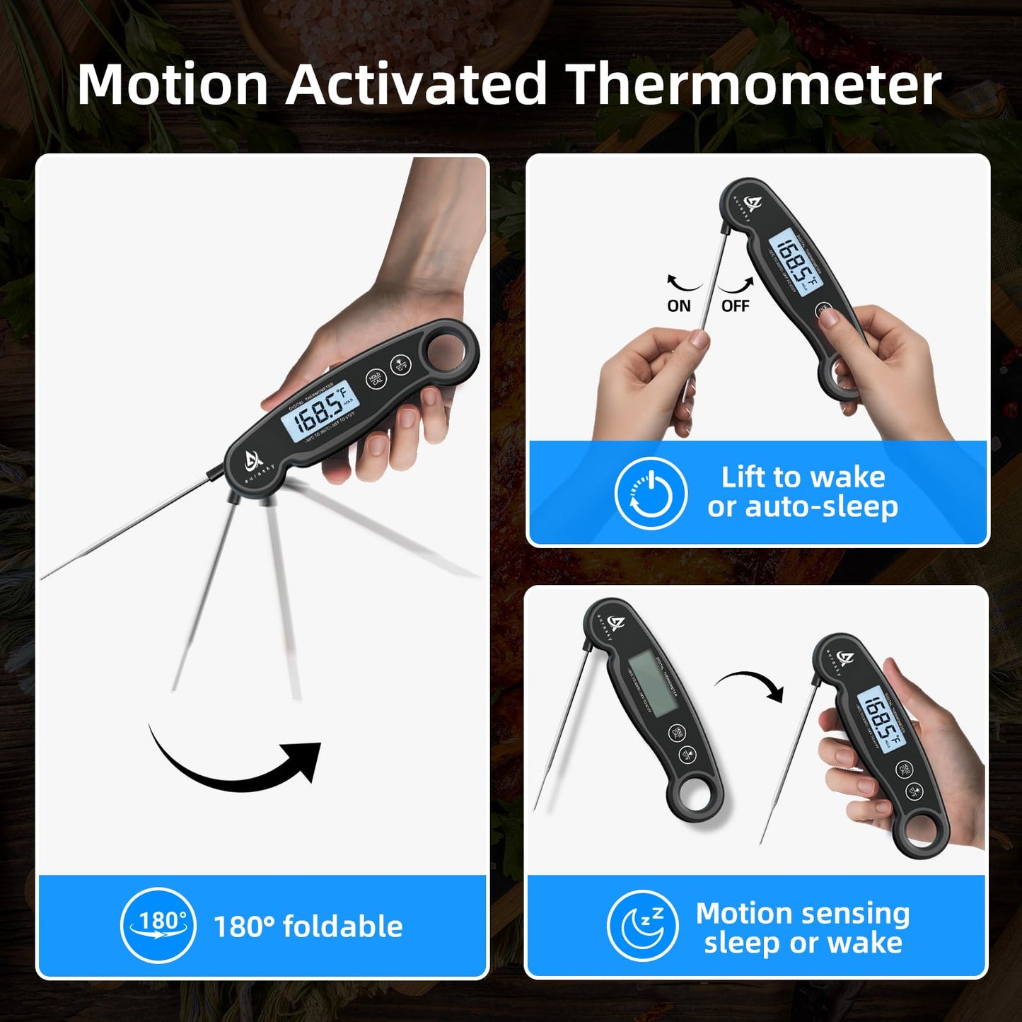 Aurasky Instant-Read Meat Thermometer Digital for Cooking and Grilling, Waterproof Food Thermometer with Backlight, Calibration & Hold Function for Kitchen, BBQ, Deep Fry, Candy, Liquid (Black)