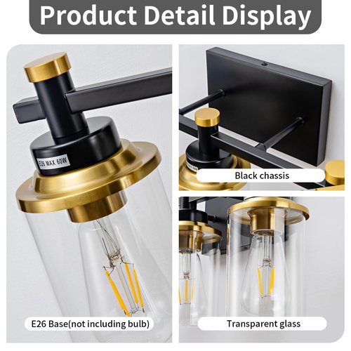 Aixialin 3 Light Bathroom Light Fixtures, Black and Brushed Gold Vanity Light Fixture Over Mirror, Modern Wall Sconces Lighting Wall Lamp for Bathroom, Bedroom, Hallway with Clear Glass Shade