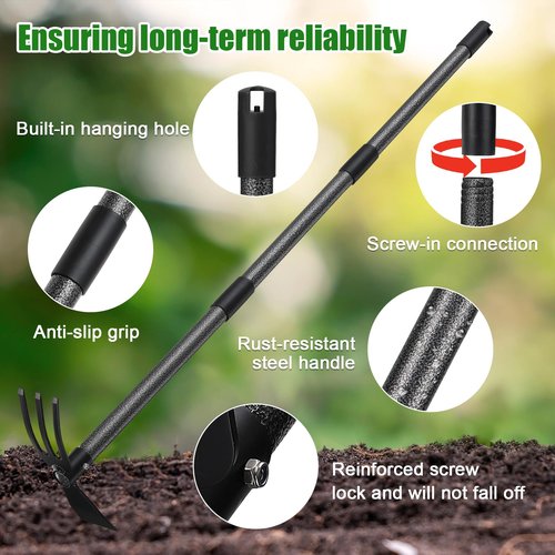 HANGMAICOME Hoe Garden Tool - Heavy Duty 2 in 1 Weed Hoes with Tiller Cultivator Rake,60 Inch Garden Hoe Long Handle for Weeding,Hand Weeder Tools for Indoor Outdoor Gardening,Planting