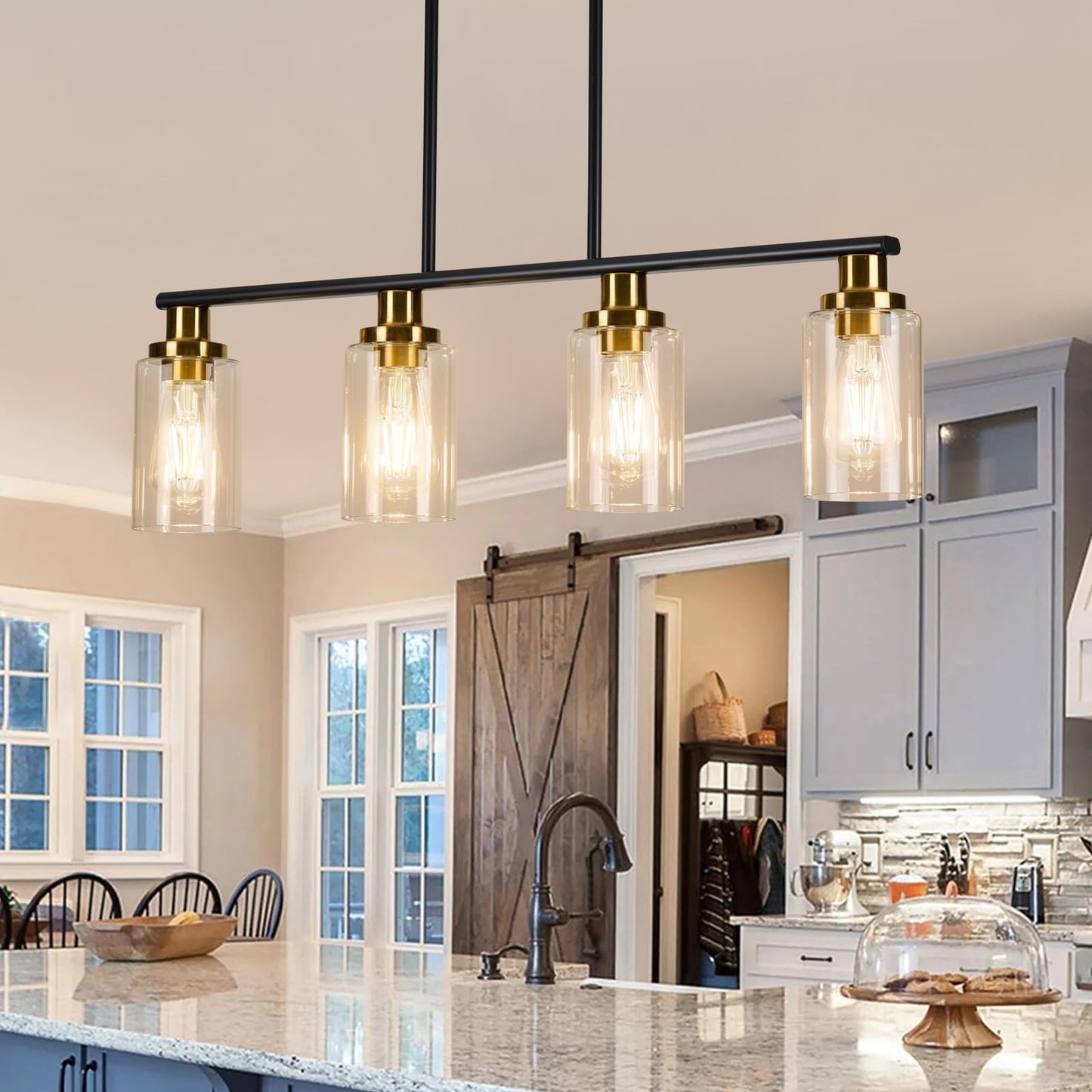 KPIOK Island Lights for Kitchen, 4-Light Farmhouse Dining Room Light Fixtures Over Table, Matte Black and Gold Linear Chandeliers for Dining Room，Industrial Pendant Lighting with Clear Glass Shade