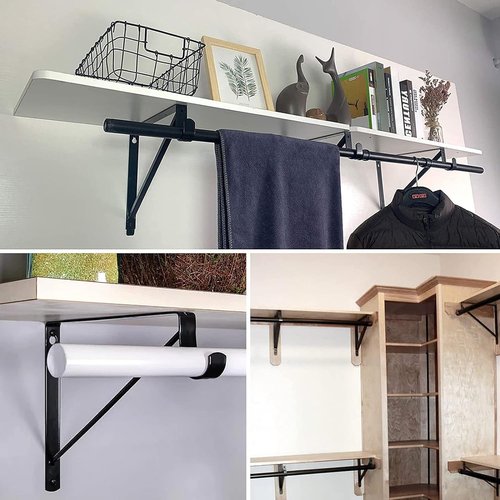6 Pack Heavy Duty Black Steel Closet Brackets, 11 x 11 Inch Closet Rod Bracket,Supports 300 lbs, Wall Mount Closet Pole Supports Bracket Hook with Screws