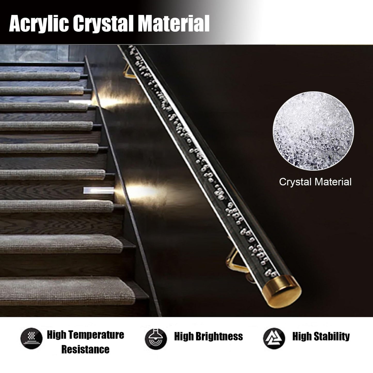 Clear Acrylic Handrails for Indoor Stairs - 3ft/4ft/5ft/6ft/8ft/10ft/12ft/14ft/20ft Non-Slip Transparent Crystal Staircase Handrail(Gold Bracket,250cm(8.2ft))