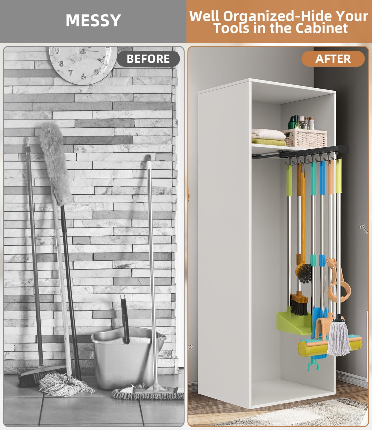 PrimZooty Pull Out Broom Holder With Adjustable Double Row Sliding Hook, Multifunctional Slide Broom And Mop Storage/Organizer Garage Organization Hooks, for Closet Laundry - 41cm/16.14inch