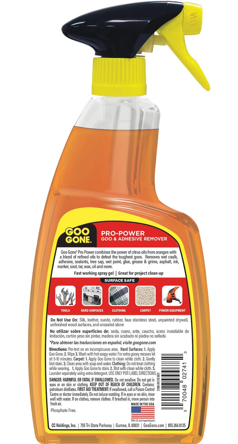 Goo Gone Pro-Power Spray Gel Adhesive Remover - Surface Safe, Great Cleaner, No Harsh Odors, Removes Stickers, Can Be Used On Tools, 24 Ounce, 2 Pack with Scraper Tool