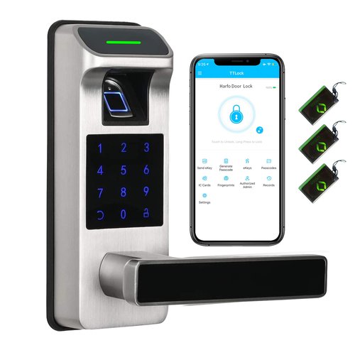 Harfo Fingerprint Door Lock, Heavy Duty Full APP Control Touchscreen Keypad Keyless Lock with Reversible Handle, Perfect for Home/Office/Bedroom Doors (Satin Nickel)