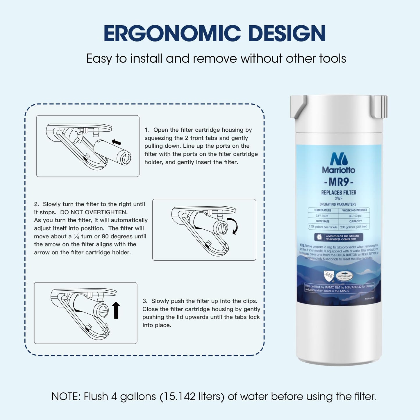 MARRIOTTO Genuine GE XWF Replacement Water Filter - Compatible with GE French-Door Refrigerators - 1 Pack (Not XWFE)