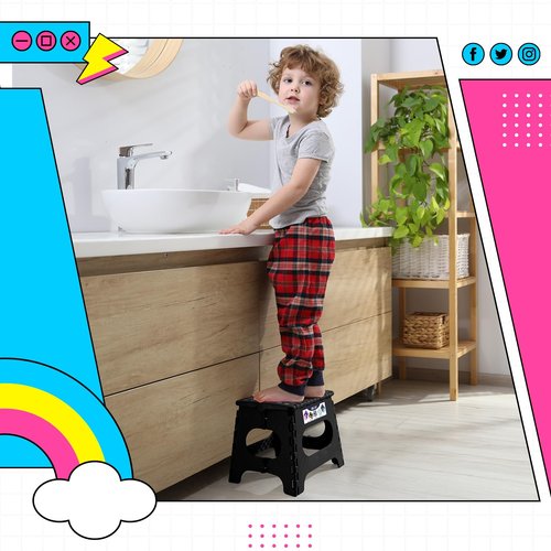 Delxo Folding Step Stool 11 Inch 2 Pack, Black Non-Slip Foldable Stools for Kids & Adults Up to 300 LBS, Step Stool with Handle, Lightweight for Kitchen/Bathroom/Bedroom/Garden