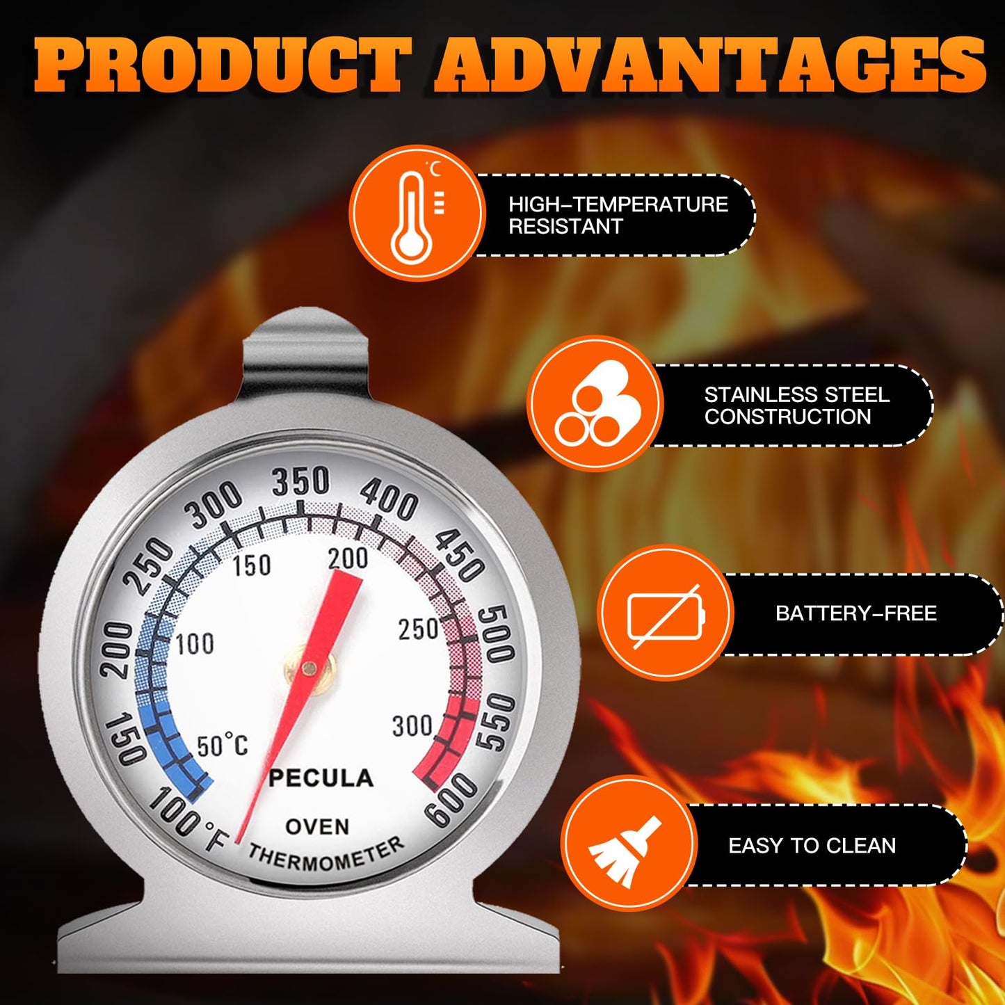 Stainless Steel Oven Thermometer 50-300°C/100-600°F, Analog Instant Read, Battery-Free Kitchen Cooking Thermometer, Hook & Stand Design Food Thermometer for Oven, Grill, Smoker, Fryer