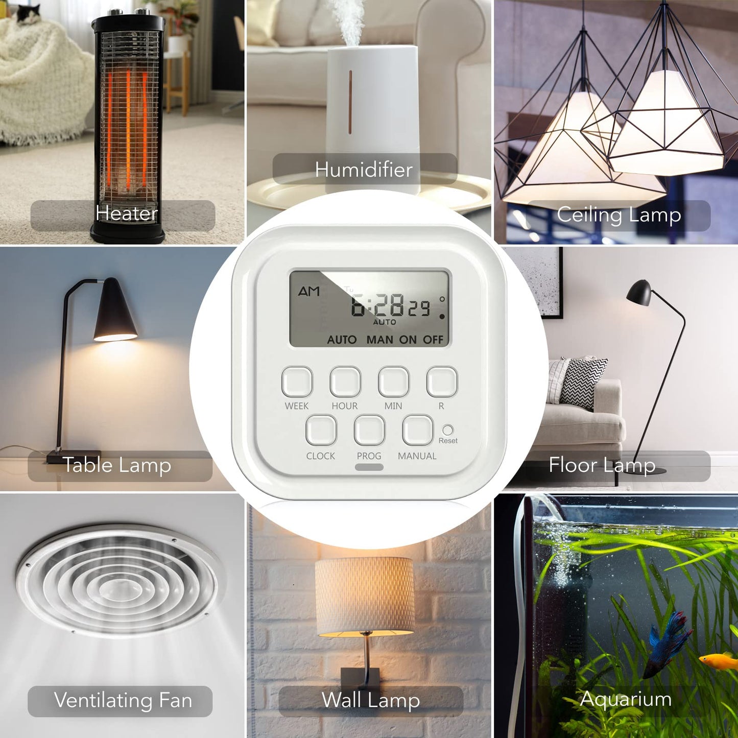 HBN 7 Day Heavy Duty Digital Timer, Dual Outlet, On/Off Programs 3-Prong Programmable Timer, Indoor, for Lamp, Light, Fan, Pets, Home, Kitchen, Office, Appliances, 125V, 15A, 1875W, 60Hz