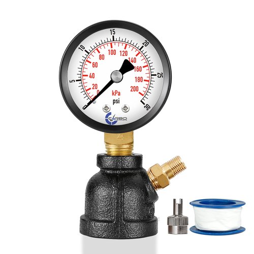 CARBO Instruments Gas Test Pressure Gauge 30 Pound, 30 PSI / 200 kPa, 3/4” FNPT Connection, Brass Valve, Forged Steel Bell Shape Body Assembly.