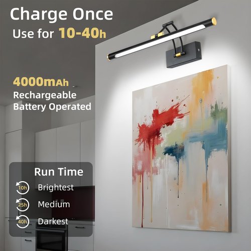 16“ Picture Lights for Wall Battery Operated, Wireless Picture Light with Remote, Rechargeable Wall Light 3000K/4000K/6000K Dimmable, Art Lighting for Paintings Frame Gallery Dartboard, Black Gold