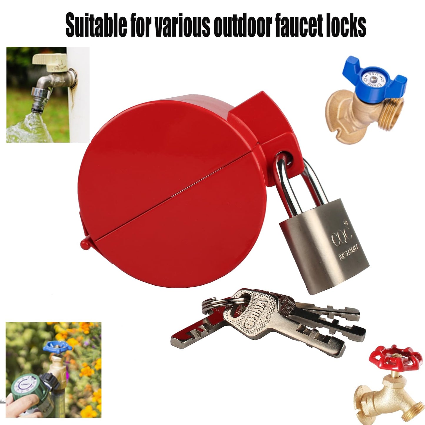 Faucet Valve Lock with Padlock Outdoor Faucet Locks Water Spigot Lockout Device Prevent Water Stealing, Metal Red,childproof