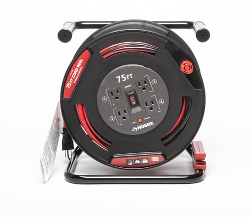 Husky 75 ft. 12/3 13 Amp Retractable Extension Cord Reel with 4 Grounded Outlets Black