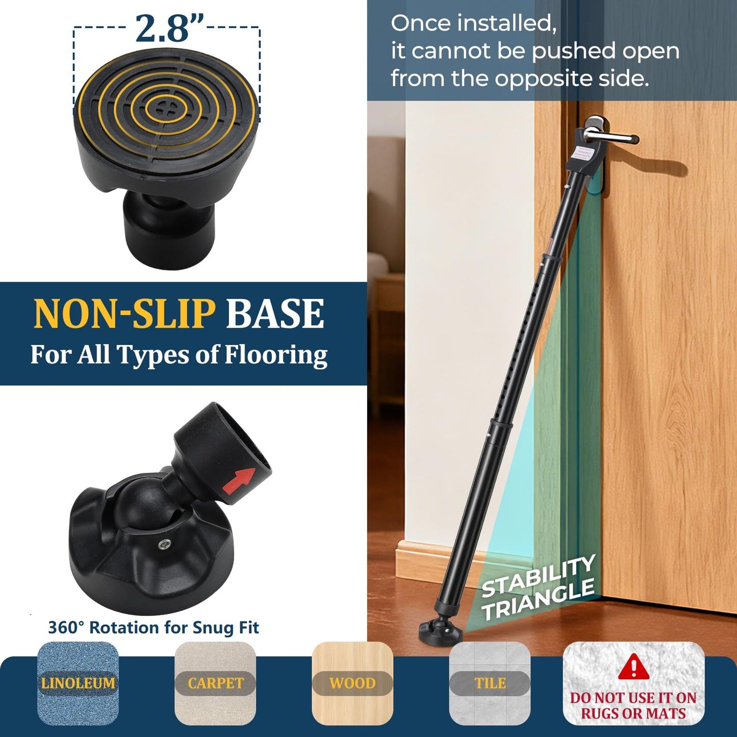 3-in-1 Door Security Bar, Heavy-Duty Metal Rod Sliding Patio Door Security Bar with 2.8" Non-Slip Base, 16"-41.7" Adjustable Door Barricade Security Bars for Doors & Windows,Home,Renters,Apartments