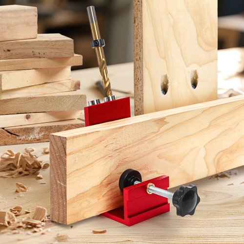 Hiceeden Adjustable Pocket Hole Jig Kit, Aluminum Alloy Pocket Screw Jig Tools Set with 15 Degree Joint Angle, Portable 3/8 Inch Hole System for Woodworking Hole Drill Guide, Red