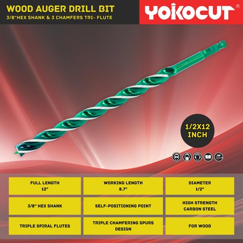 1/2"x 12" Auger Drill Bit for Wood, Hex Shank Tri-Flute Wood Drill Bits, Ship Auger Long Drill Bit for Soft and Hard Wood, Plastic, Drywall, Tree Stump and Composite Materials