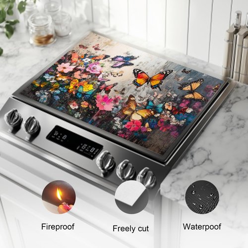 Stove Top Covers For Electric Stove,Colorful Butterflies Among Flowers Stove Mat For Glass Cooktop Protector,Extra Large Oven Range Top Cover 28X20In