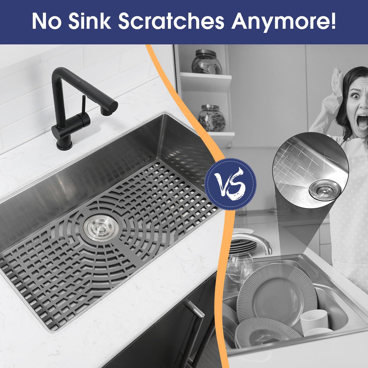 Snuggery Silicone Sink Protector 28"x15" Rear Drain Hole, Heat Resistant Non-slip Dishwasher Suitable, Large Mat for Bottom of Farmhouse Kitchen Stainless Steel Sink(Grey)