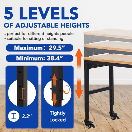 Adjustable Workbench 75' x 25', 2000 Lbs Load Capacity, 29.5"-38.4" Heights Garage Worktable with Universal Wheels & Power Outlet, Heavy-Duty Table for Workshop Office Home Commercial