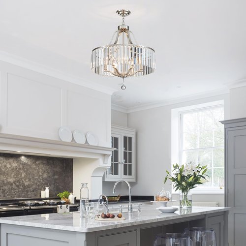 peskoe Modern Crystal Chandeliers Round 6-Light Large Brushed Nickel Pendant Lighting Fixture for Dining Room Living Room Kitchen Island Bedroom Hallway Hall Foyer, 21.7"