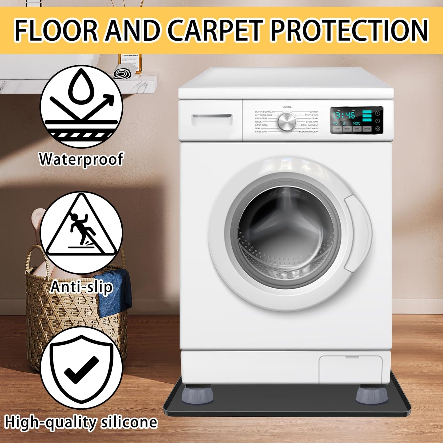 Large Washing Machine Drain Pan 33"x30" with 4 Anti-Vibration Foot Pads Washer Tray,Non-Slip, Waterproof, Laundry Appliance Floor protection Set Noise Reduction Leak Prevention -Soft Silicone Mat