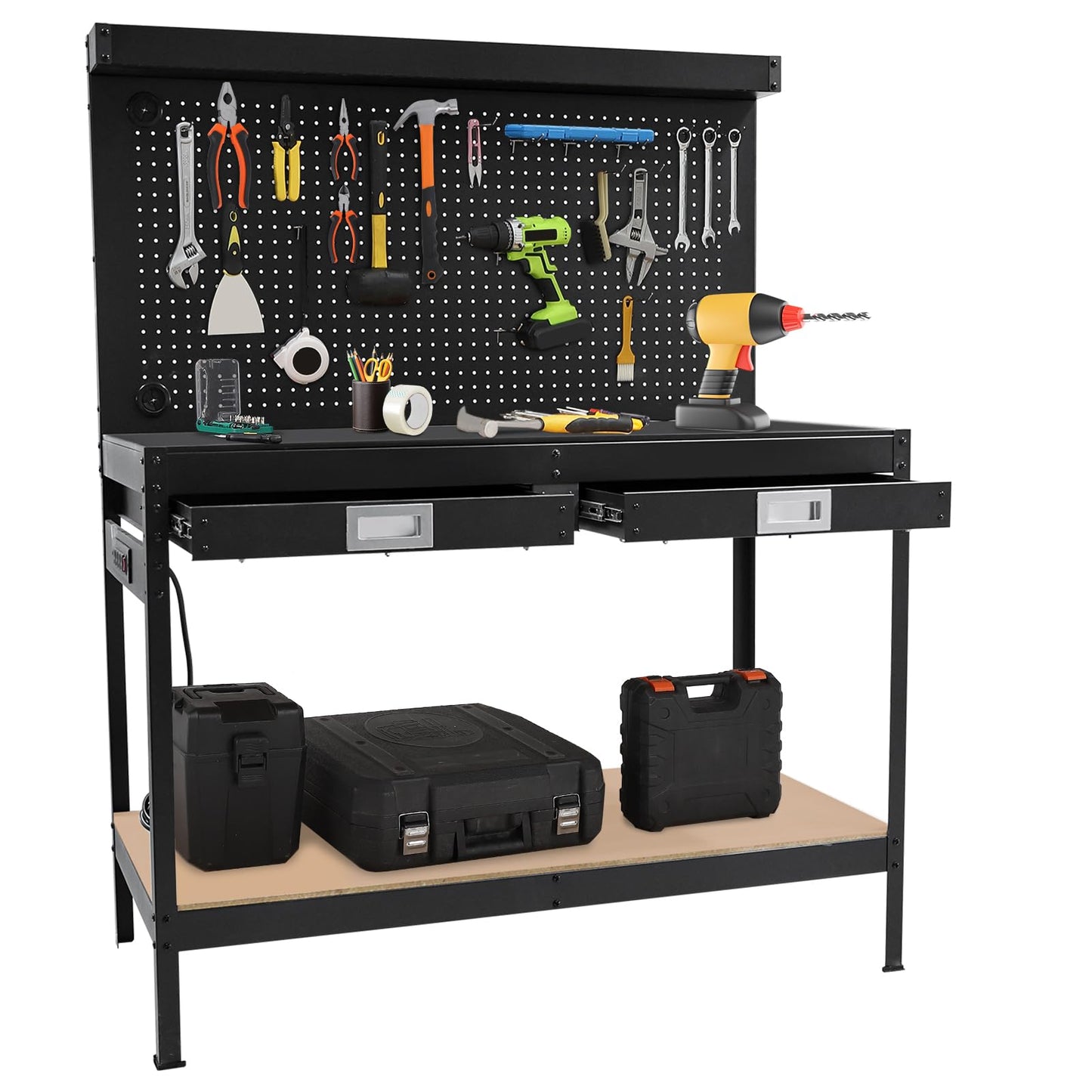 TrailBlaze 48.99"x 22.99" Workbench with 2 Drawers, 2-Tier Heavy Duty Workstation with Power Outlet, Pegboard and Shelf, Metal Tool Multifunctional Workbench for Garage Workshop