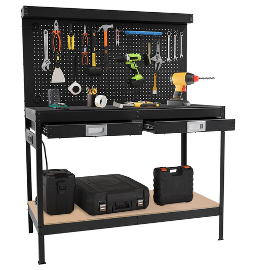 TrailBlaze 48.99"x 22.99" Workbench with 2 Drawers, 2-Tier Heavy Duty Workstation with Power Outlet, Pegboard and Shelf, Metal Tool Multifunctional Workbench for Garage Workshop