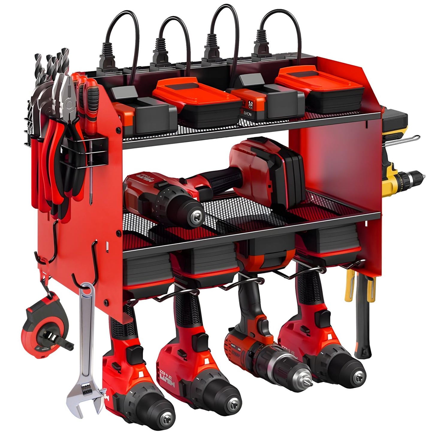 Power Tool Organizer wtih Charging Station，3 Layers Storage Rack with Screwdriver Rack 6 Drill Holders 8 Outlets Max Load 110lbs，for Workshop Garage Organizers and Storage Tool Battery Holder (Red)
