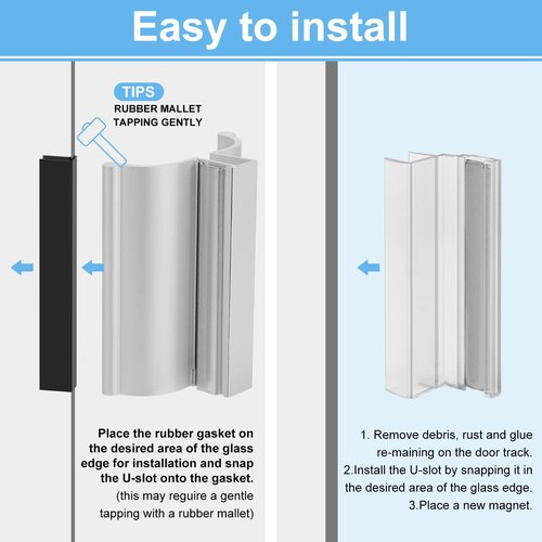3-3/4-inch Aluminum Frameless Shower Door Handle with Metal Strike Plate and 3-inch Shower Door Magnet. Suitable for Glass Doors with thicknesses of 1/8 inch, 5/32 inch, 3/16 inch, and 1/4 inch.