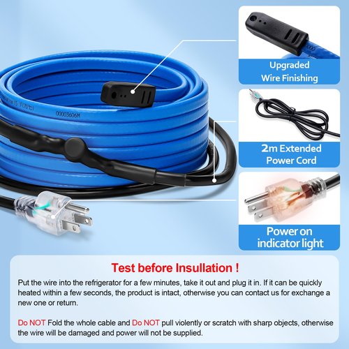Heating Cable With Thermostat for Freeze Protection, 6FT Heat Cable + 6FT Power Line, Tape for Water Pipes Insulation, Trace for Metal Plastic Home Pipe, Roof, RV, Gutter