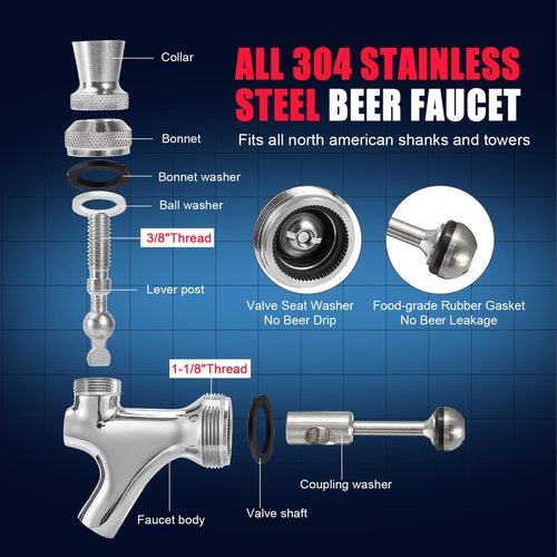 Upgraded Beer Faucet, All 304 Stainless Steel Beer Tap Keg Spout Beer Tower Faucet Beer Keg Faucet, Draft Beer Faucet Beer Tap Faucet Kegerator Tap Spout Kegerator Part Replacement Faucet