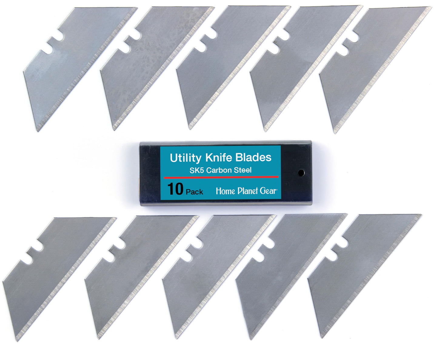 Utility Knife Blades Ten Pack - Box Cutter Blades Refills - 10 Heavy Duty SK5 High Carbon Steel Utility Razor Blade Replacement in Convenient Storage Box - Standard Size - Fits Most Cutters & Knives