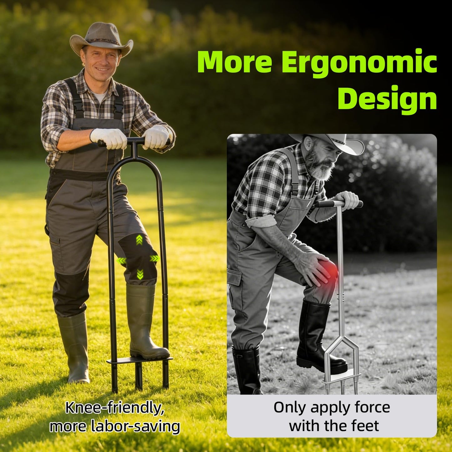 Manual Aerator Lawn Tool – Knee-Friendly Core Aerator for Gardeners with Knee Pain, 3 Hollow Tines for Yard Aeration, Removes Grass Plugs & Loosens Soil to Promote Lawn Health – Black