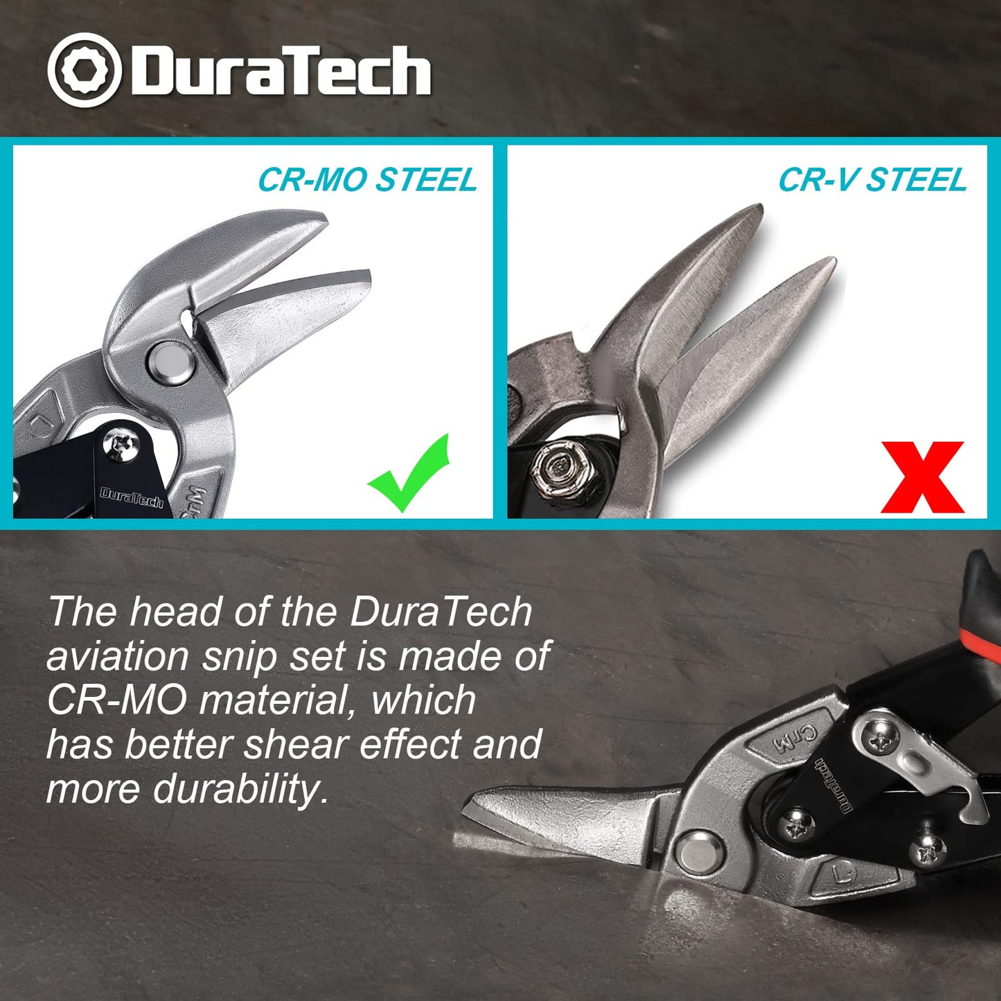 DURATECH 10 Inch Aviation Tin Snips Set, Left and Right Cut, Cr-Mo Steel Blade, Ergonomical Handle with Hang Hole and Safety Latch, for Cut Sheet Metal