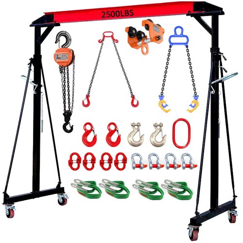 Adjustable Gantry Crane - 1 Ton (2500Lbs) Capacity Portable Hoist Frame, Shop Crane Hoist, Trolley, Sling, Shackles, Hooks and Festoon System, Lifting Gantry for Factories, Warehouses, Garage (1 Ton)