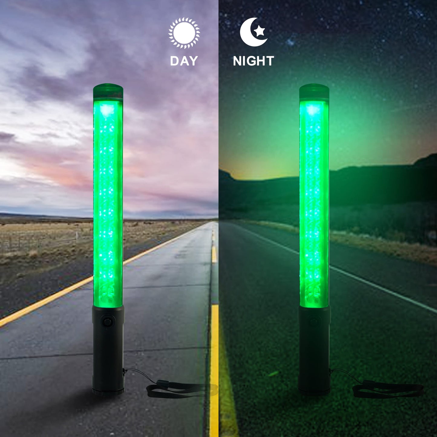 ELLUMIN 2 Pack Traffic Wand, 14-inch Green Traffic Control Baton with 3 Flashing Modes, Night Safety Signal LED Wand with White LED on Top for Airport Marshaling, Parking, Car Directing.（Green, 2pack