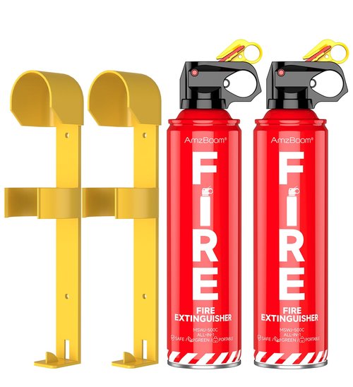 AmzBoom 2-Pack Fire Extinguisher Kit,Compact ABCK Spray for Home, Kitchen, Car, Grill | Eco-Friendly, Anti-Reignition | Mounting Bracket.
