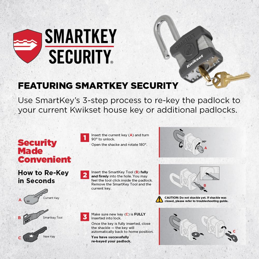Kwikset SmartKey Re-Keyable Laminated Steel Padlock with Stainless Steel Shackle, Outdoor Gate and Storage Lock, 2 in Body, 2-1/2 in Shackle, 1 Pack, Silver
