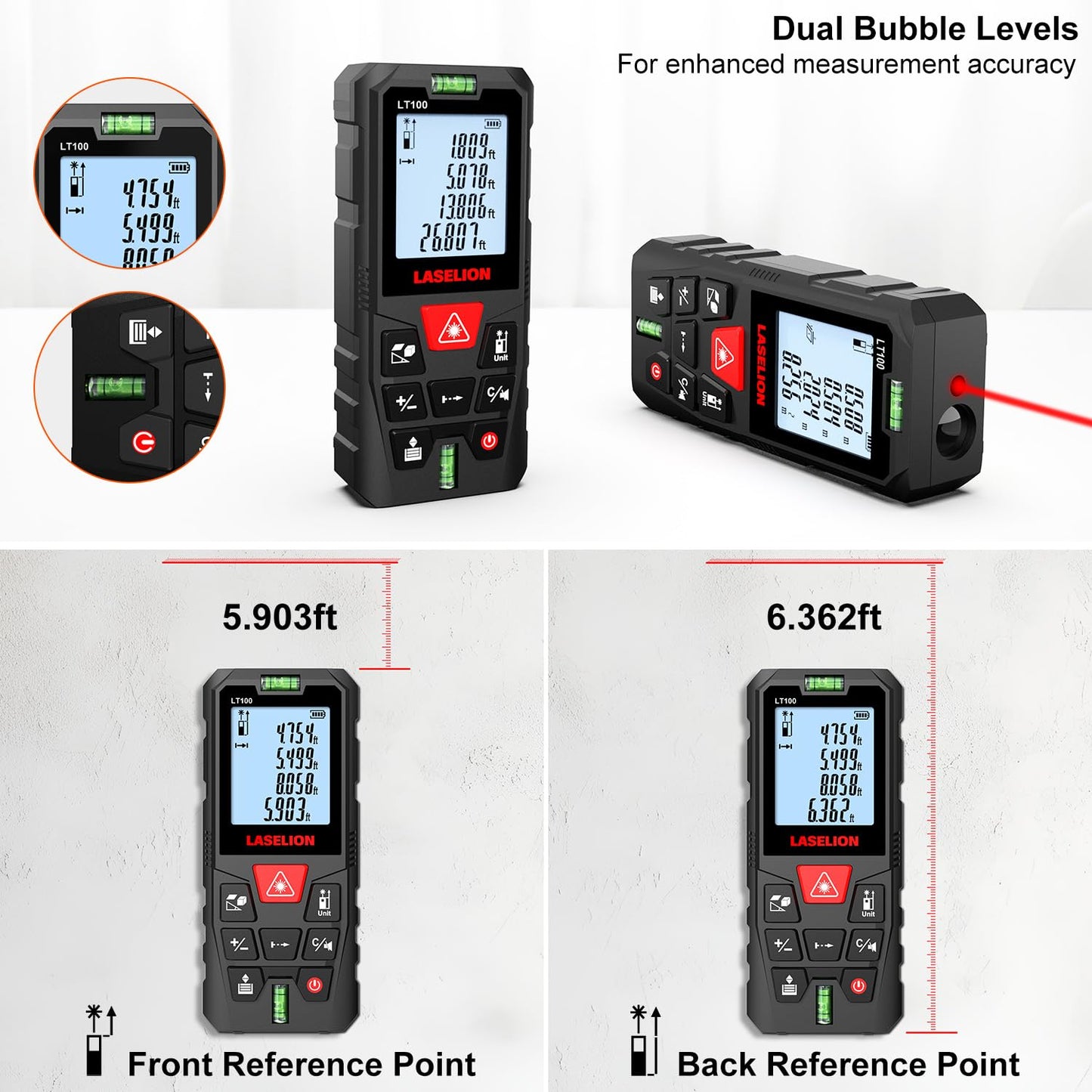 LT100 Laser Measure, 328ft/100m Laser Measurement Tool, with 2 Bubble Levels, Measuring Tool 4 Units Conversion、LCD Backlit Display, IP54 Waterproof, Pythagorean Mode for Distance, Area, Volume