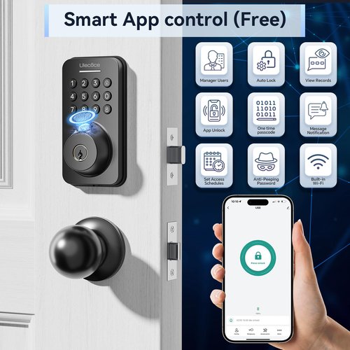 Ulecoce Keyless Entry Door Lock Built-in WiFi with Handle Set, Smart Lock with App Control, Electronic Keypad Deadbolt with Doorbell, One-time Code, Auto-Locking, Easy to Install