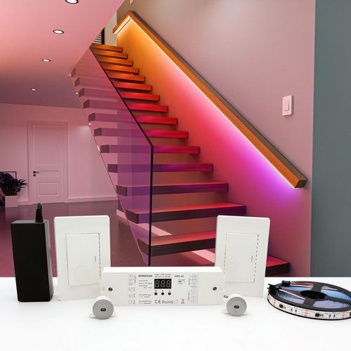 KOMIGAN Motion Sensor with Daylight Sensor LED Stair Light Kit KMG-45, 16.4FT RGB Cuttable LED Strip Light for Indoor Handrail Stair Lights