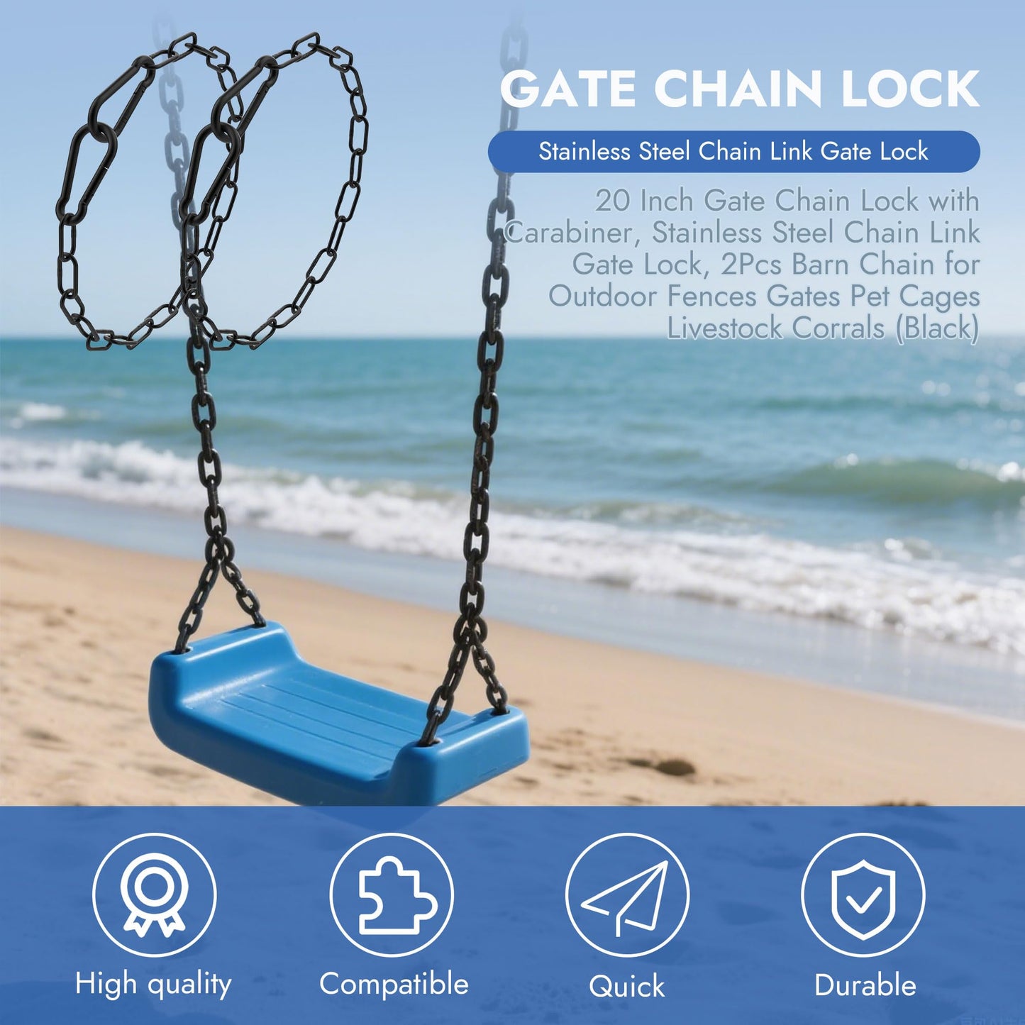 2 Pcs 20 Inch Gate Chain Lock with Carabiner Metal Electrophoretic Black Chain and Lock for Gate Adjustable Chains Link Gate Latch for Outdoor Fences Gates Pet Cages Horse Goat Cow Corrals