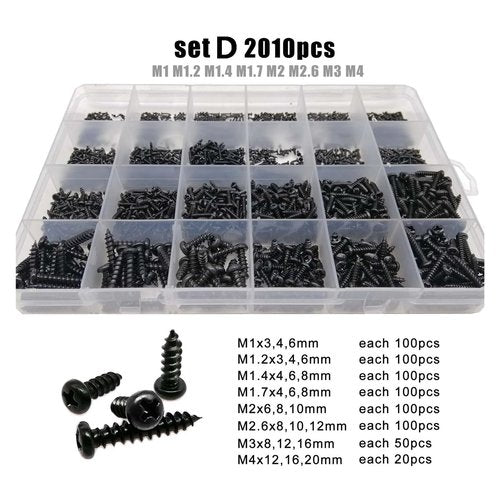 700/2010pcs M1 M1.2 M1.4 M1.7 M2 M3 M4 Black Steel Mini Micro Cross Phillips Round Pan Head Self Tapping Wood Screw Set Kit Box TREXCFGH(Set D 2010pcs)
