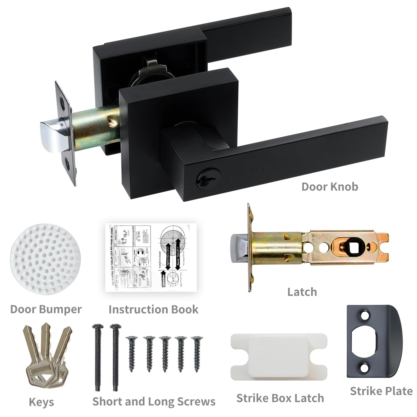 JO.KO Entry Door Lock Set, Square Door Lever for Bedroom, Passage Door Privacy Locking Interior/Exterior Entry Door Knob/Heavy Duty