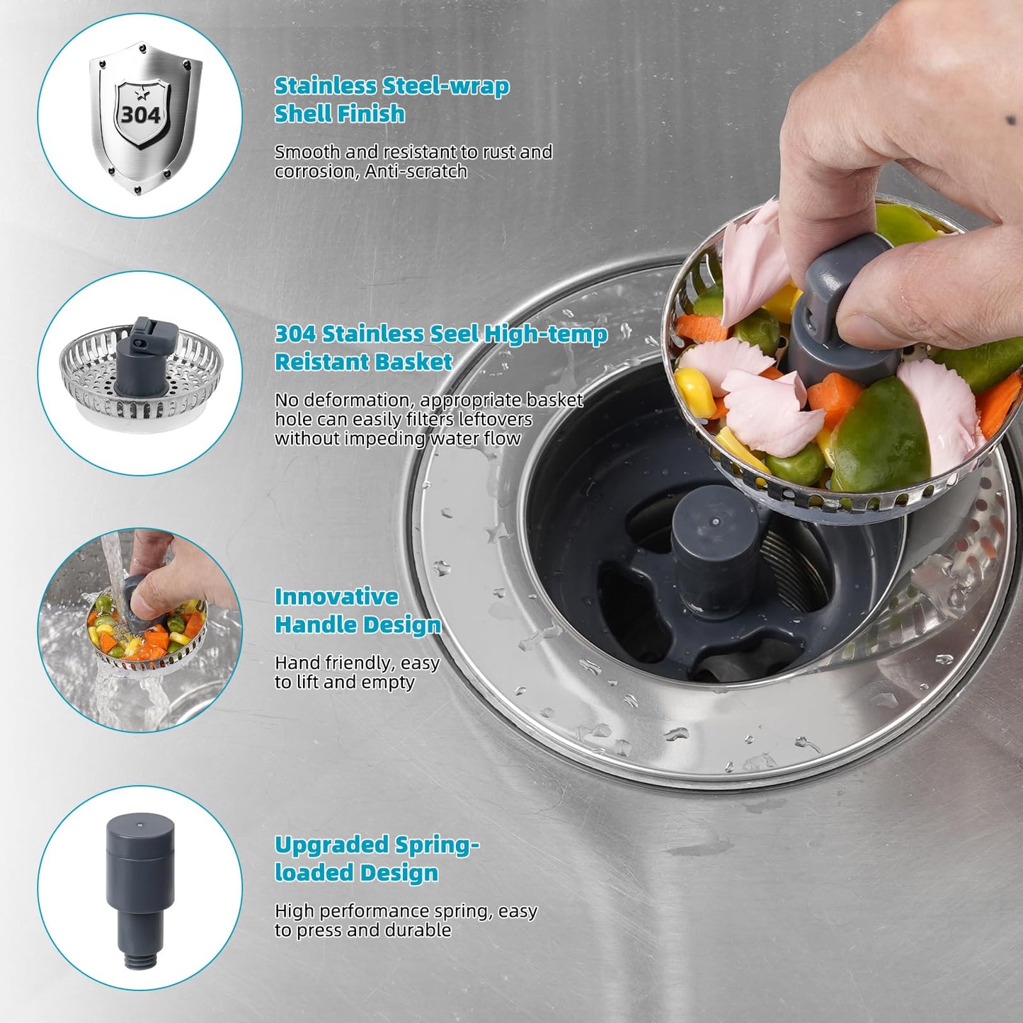 Hibbent 2 Pack 3 in 1 Kitchen Sink Drain Strainer, Stainless Steel Wrapped Shell Drain Stopper Combo, Pop Up Sink Stopper, Anti-Clogging Strainer with Foldable Handle for US Standard 3-1/2" Drain