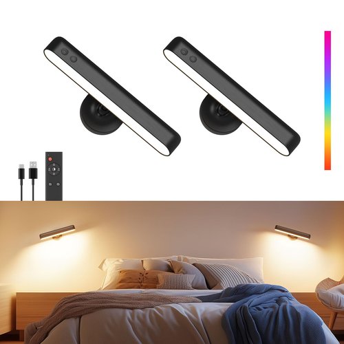 PopoIron Rechargeable LED Wall Sconces for Bedroom,Wall Lights with Remote Control and Touch,360° Rotation,3 Colors Temperatures Dimmable Black Wall Lamps for Living Room with 15 RGB Colors,2 Pack