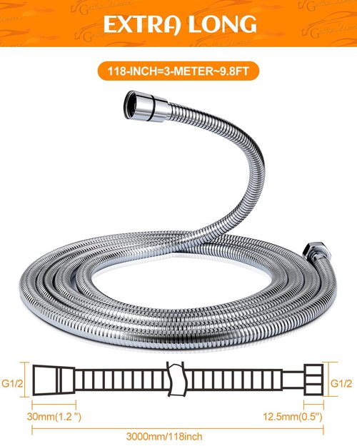 Gallop Domain Extra Long Shower Head Hose | 118 Inch - Stainless Steel Encrypted Explosion-Proof Handheld Flexible Hose Replacement, with Brass Insert And Nut Chrome