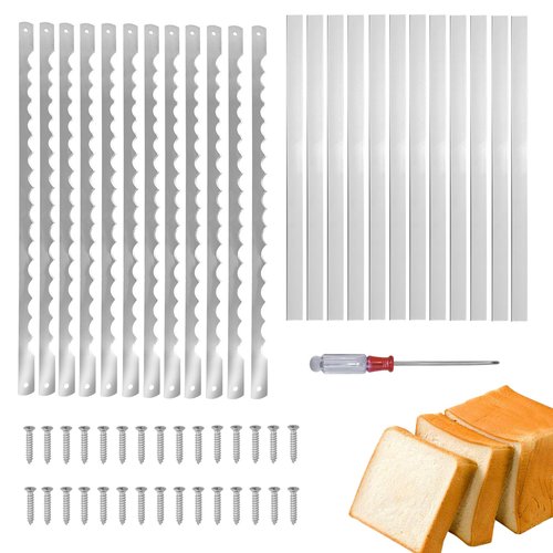 AAEJE 12 Pcs Bread Bow Knife Blades, 10.8" Serrated Stainless Steel blades with Screws, Screwdriver, and Safety Guard, Replacement for Wood Bread Cutter, Bow Bread Knife Replacement Blades