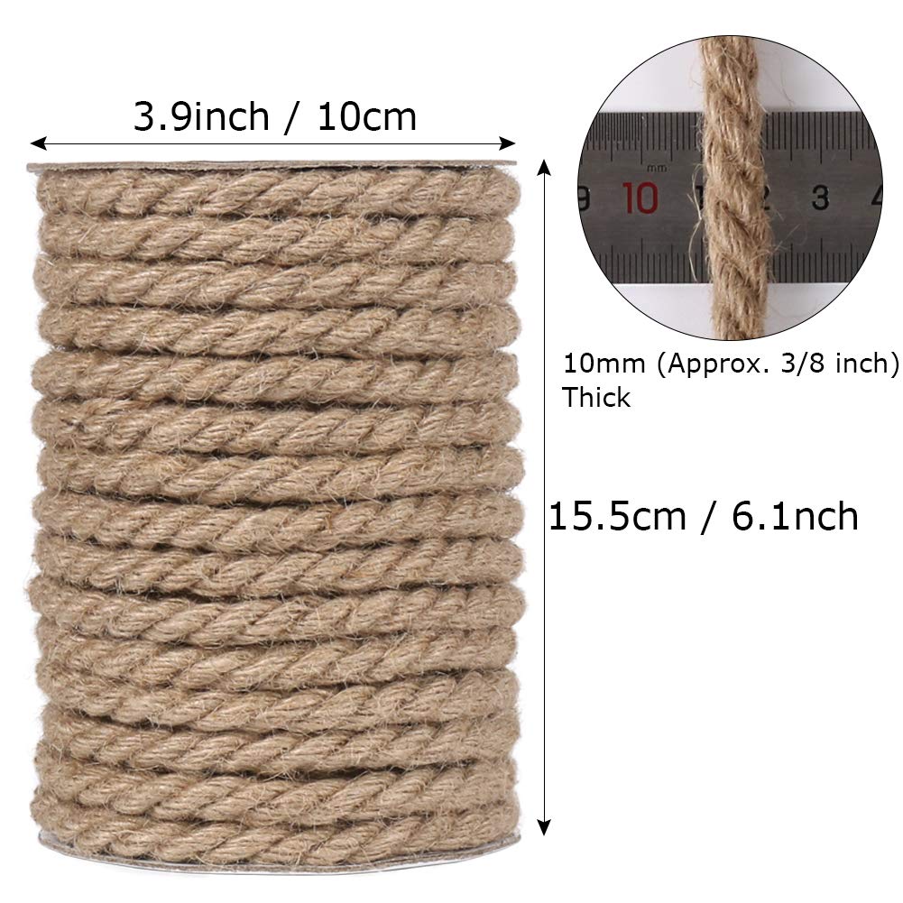 Tenn Well 10mm Jute Rope, 50 Feet 3/8 inch Heavy Duty and Thick Twine Decorative Rope for Crafting, Cat Scratch Post, Gardening, Farmhouse Decor, Home Decor