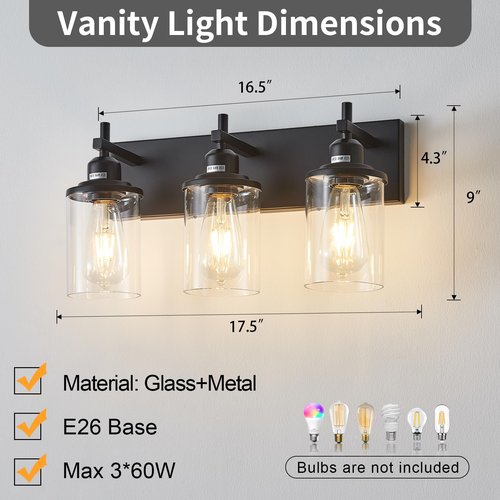 Lanhall 3-Light Black Bathroom Light Fixture Over Mirror Modern Farmhouse Bathroom Vanity Light Vintage Wall Lighting with Clear Glass Shade for Bathroom, Bedroom, Hallway, Cabinet